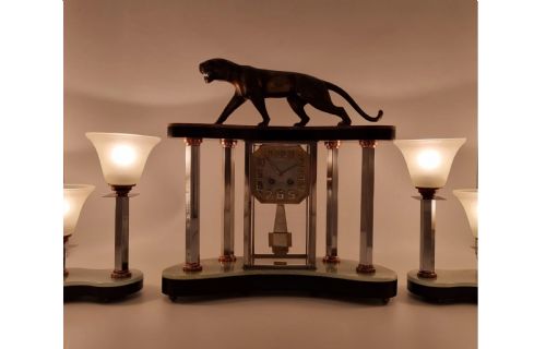 ART DECO BRONZE CLOCK SET WITH PANTHER BY HUGUES - ADDITIONAL PHOTO 2