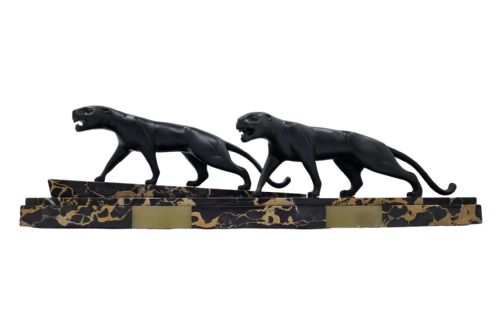 art deco bronze sculpture two panthers tigers by hugues - CATEGORY: ANTIQUE SCULPTURES - DATED 1920
