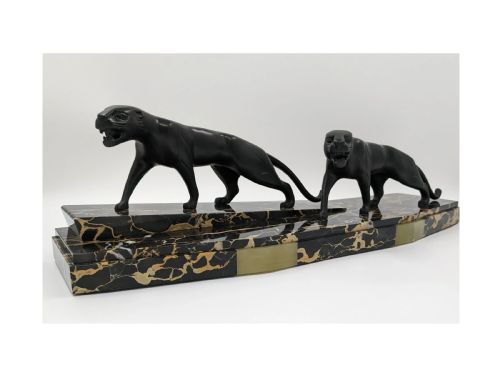 ART DECO BRONZE SCULPTURE TWO PANTHERS TIGERS BY HUGUES - ADDITIONAL PHOTO 1