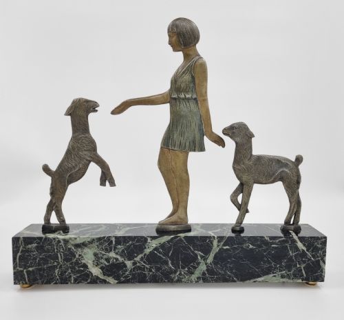 art deco bronze figure girl playing with goats - CATEGORY: ANTIQUE METAL - DATED 1930