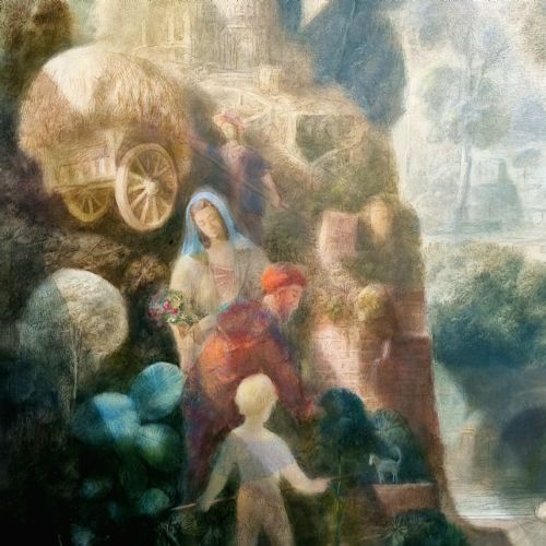 20TH CENTURY SURREALIST PAINTING BY HAROLD HITCHCOCK OIL ON BOARD - ADDITIONAL PHOTO 1