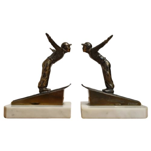 art deco olympic skier bookends signed jamar - CATEGORY: ANTIQUE MISCELLANEOUS - DATED 1920