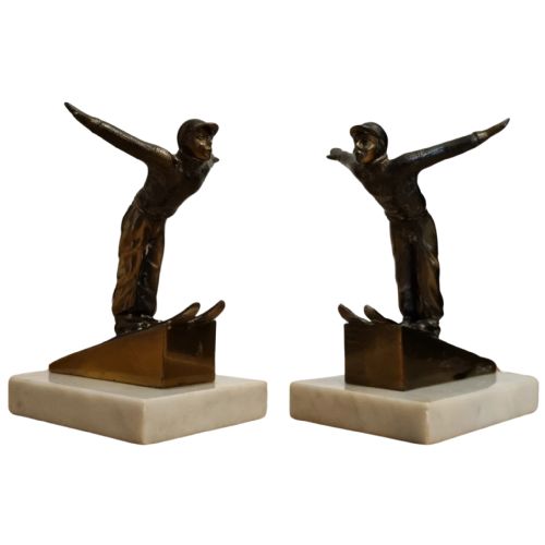 ART DECO OLYMPIC SKIER BOOKENDS SIGNED JAMAR - ADDITIONAL PHOTO 1