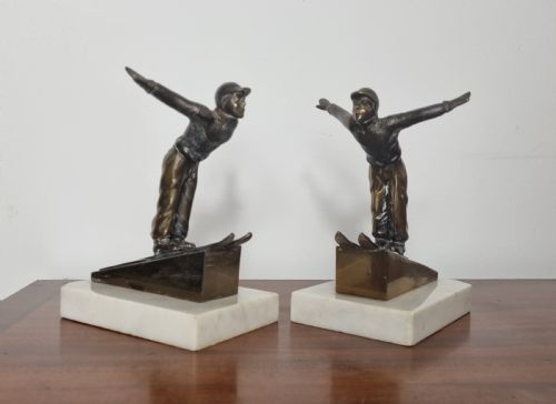 ART DECO OLYMPIC SKIER BOOKENDS SIGNED JAMAR - ADDITIONAL PHOTO 2