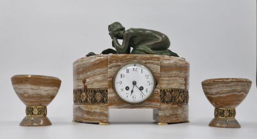 ART DECO BRONZE CLOCK GARNITURE SET PATIENCE BY SUZANNE BIZARD CIRCA 1925 - ADDITIONAL PHOTO 1