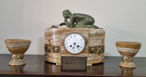 ART DECO BRONZE CLOCK GARNITURE SET PATIENCE BY SUZANNE BIZARD CIRCA 1925 - ADDITIONAL PHOTO 3