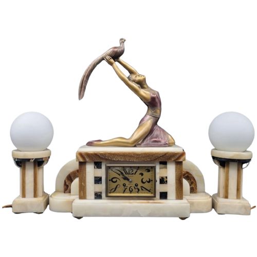 art deco mantel clock set with pair of lamps by salvado - CATEGORY: ANTIQUE CLOCKS - DATED 1930