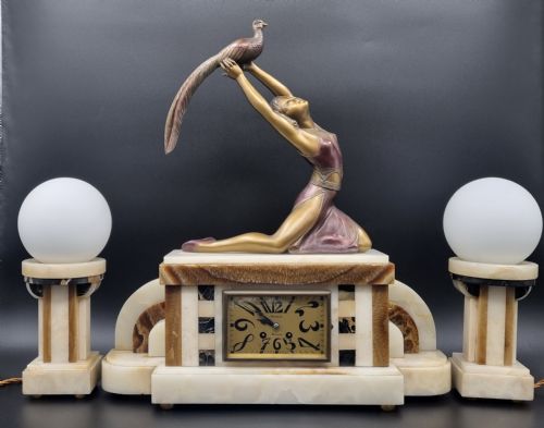ART DECO MANTEL CLOCK SET WITH PAIR OF LAMPS BY SALVADO - ADDITIONAL PHOTO 2