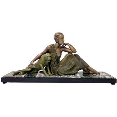 art deco sculpture nude with panther by godard c 1920s - CATEGORY: ANTIQUE SCULPTURES - DATED 1920