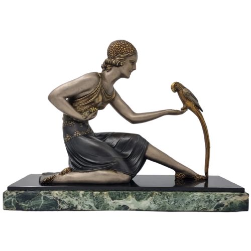 art deco sculpture young lady with a parrot signed d h chiparus - CATEGORY: ANTIQUE SCULPTURES - DATED 1920