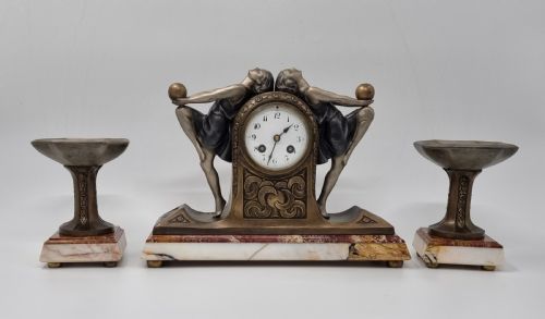 ART DECO CLOCK GARNITURE SET WITH TWO BALL DANCERS BY P SEGA - ADDITIONAL PHOTO 3