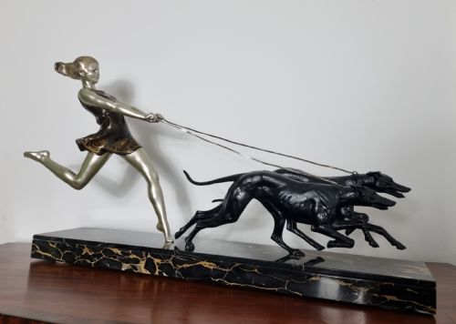 ART DECO SCULPTURE YOUNG GIRL RUNNING WITH GREYHOUNDS BY GEO MAXIM - ADDITIONAL PHOTO 3