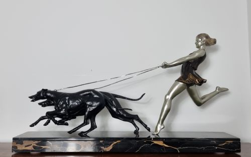 ART DECO SCULPTURE YOUNG GIRL RUNNING WITH GREYHOUNDS BY GEO MAXIM - ADDITIONAL PHOTO 14