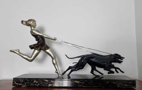 ART DECO SCULPTURE YOUNG GIRL RUNNING WITH GREYHOUNDS BY GEO MAXIM - ADDITIONAL PHOTO 17
