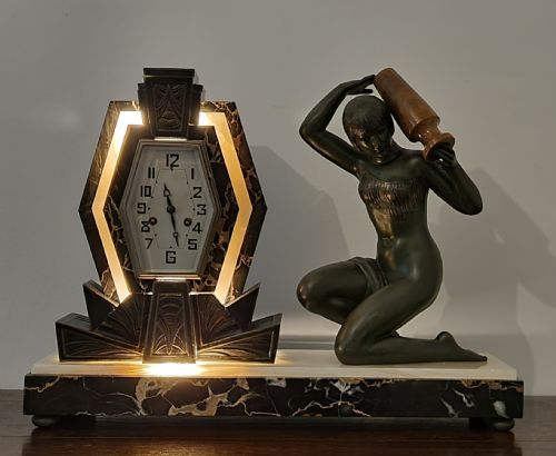 ART DECO ILLUMINATED CLOCK WITH WATER CARRIER SCULPTURE NUDE WITH VASE LAMP - ADDITIONAL PHOTO 7