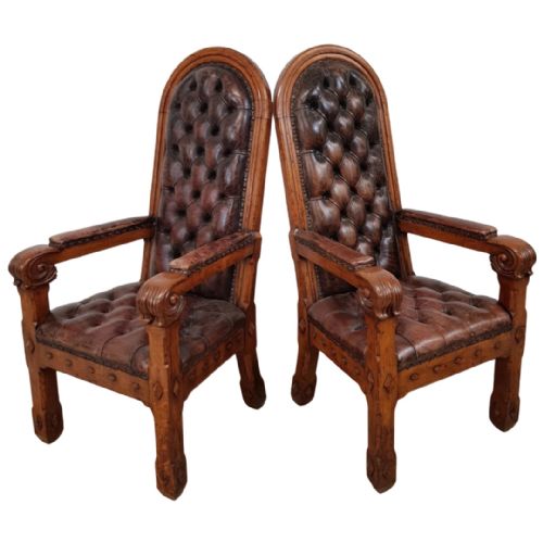 PAIR OF 19TH CENTURY GOTHIC REVIVAL OAK BUTTONED LEATHER ARMCHAIRS ATTR AWN PUGIN - ADDITIONAL PHOTO 2