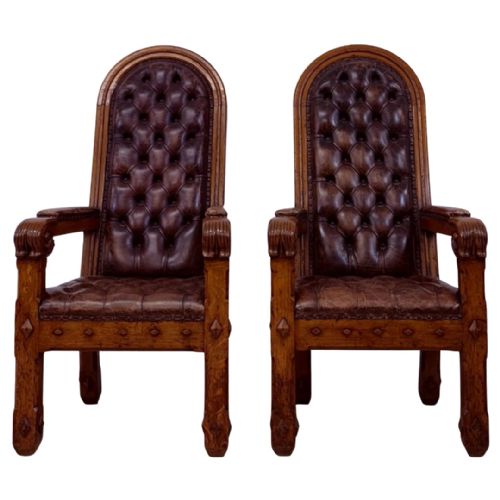 PAIR OF 19TH CENTURY GOTHIC REVIVAL OAK BUTTONED LEATHER ARMCHAIRS ATTR AWN PUGIN - ADDITIONAL PHOTO 3