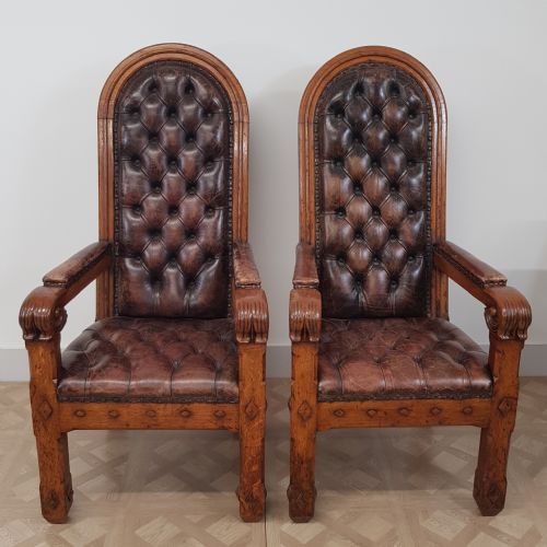 PAIR OF 19TH CENTURY GOTHIC REVIVAL OAK BUTTONED LEATHER ARMCHAIRS ATTR AWN PUGIN - ADDITIONAL PHOTO 8