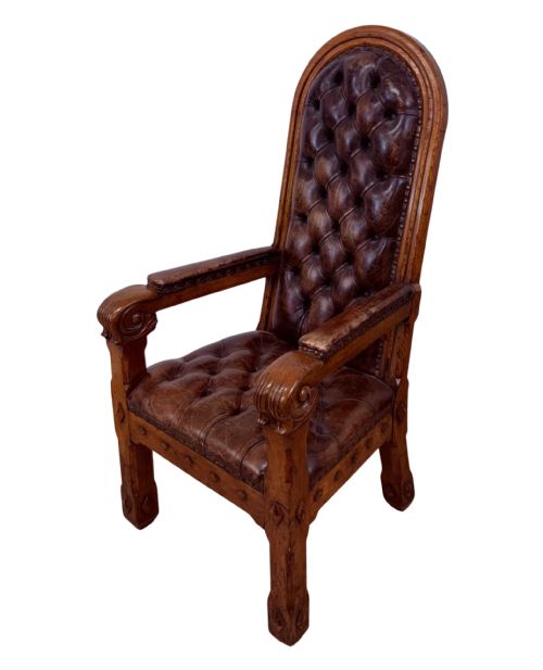 PAIR OF 19TH CENTURY GOTHIC REVIVAL OAK BUTTONED LEATHER ARMCHAIRS ATTR AWN PUGIN - ADDITIONAL PHOTO 12
