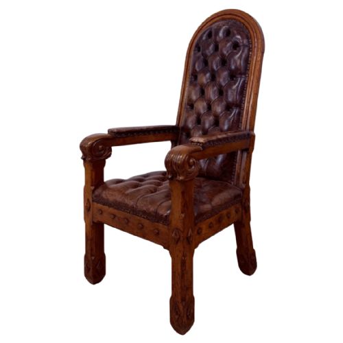 PAIR OF 19TH CENTURY GOTHIC REVIVAL OAK BUTTONED LEATHER ARMCHAIRS ATTR AWN PUGIN - ADDITIONAL PHOTO 13
