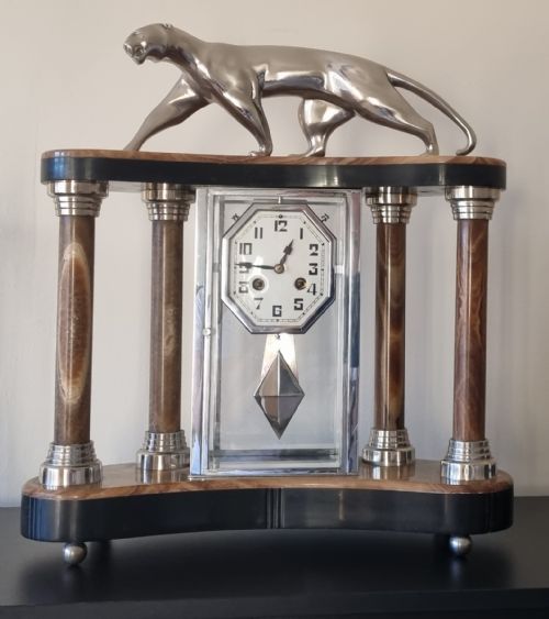 ART DECO CUBIST DESIGN CLOCK WITH BRONZE PANTHER AND PAIR OF LAMPS BY DECOUX - ADDITIONAL PHOTO 3