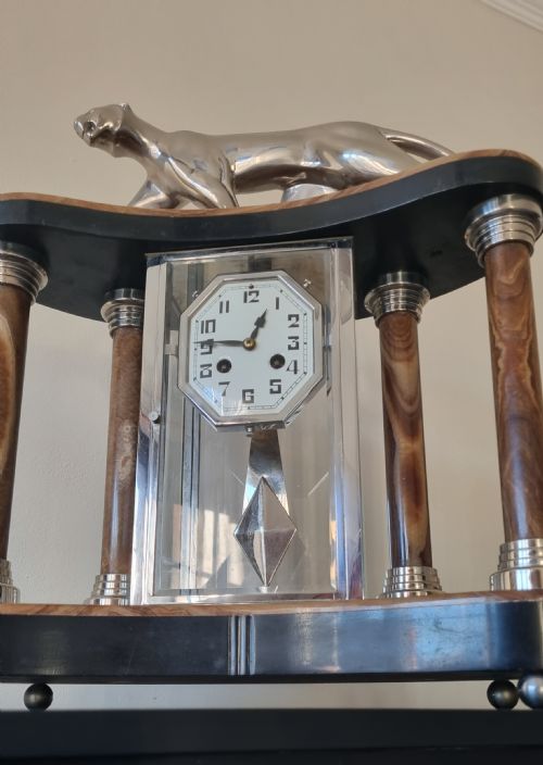 ART DECO CUBIST DESIGN CLOCK WITH BRONZE PANTHER AND PAIR OF LAMPS BY DECOUX - ADDITIONAL PHOTO 7