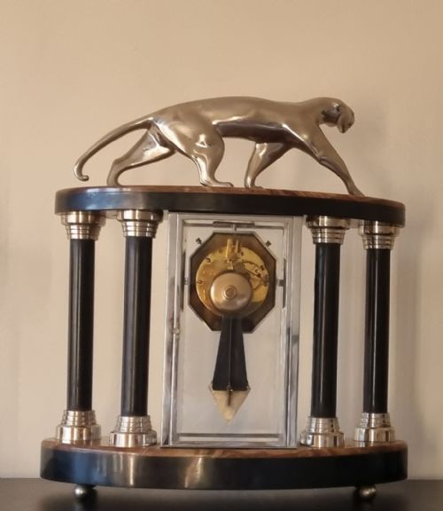 ART DECO CUBIST DESIGN CLOCK WITH BRONZE PANTHER AND PAIR OF LAMPS BY DECOUX - ADDITIONAL PHOTO 8
