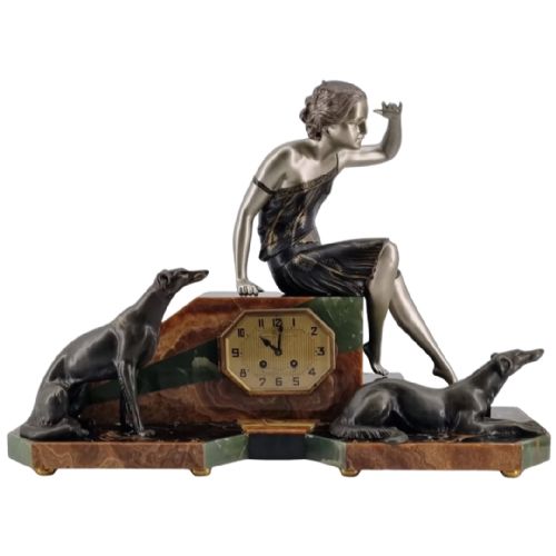 Art Deco Figural Clock with Sculpture "Waiting" by Uriano