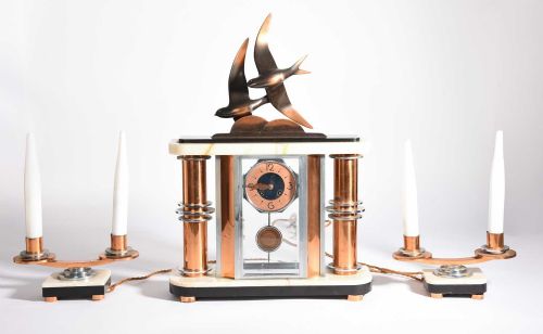 Art Deco Bronze Clock Set with Pair of Lamps