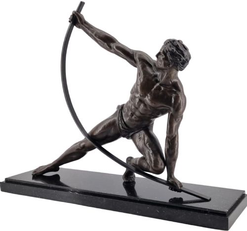 fig 1. An Art Deco dark bronze sculpture depicting a muscular male athlete bending an iron bar, mounted on a black marble plinth.