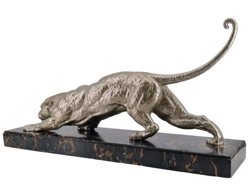 fig 1. A low-slung, textured silver-toned panther in a crouched hunting posture mounted on a black marble base with gold veining.