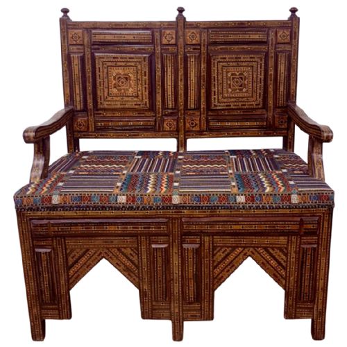 19th Century Syrian Hardwood Bench Inlaid and Upholstered