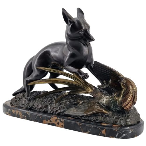 Art Deco Bronze Sculpture Fox Attacking Pheasant by Lavroff Circa 1920