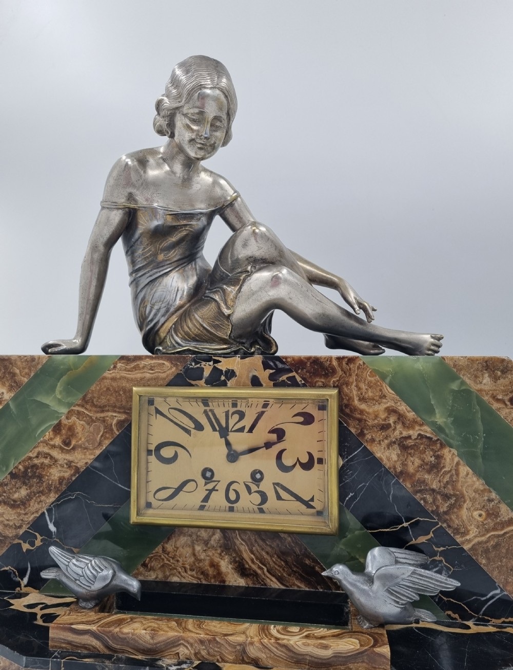 Art Deco Mantel Clock Lady and Bird Bath by Uriano  View II