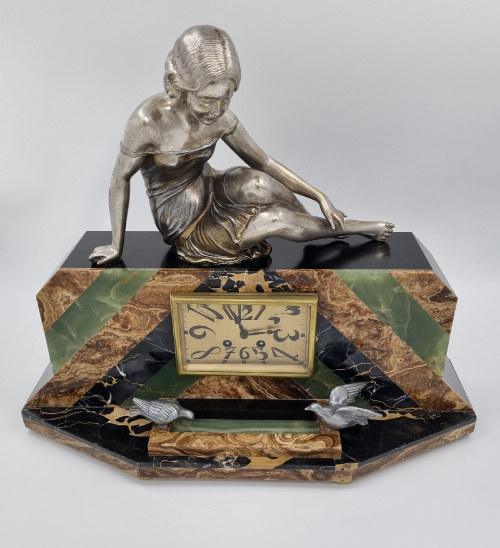 Art Deco Mantel Clock Lady and Bird Bath by Uriano  View III