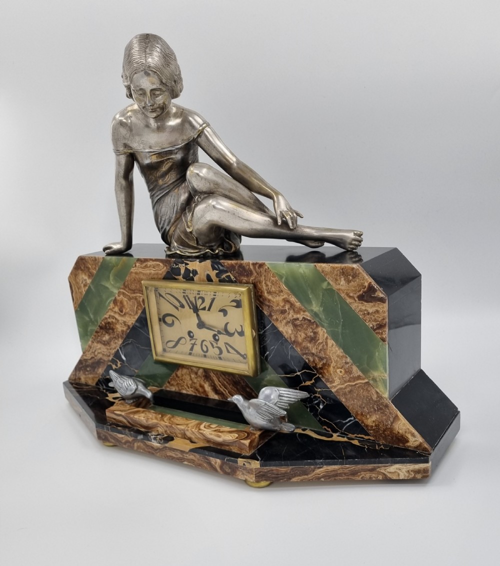 Art Deco Mantel Clock Lady and Bird Bath by Uriano  View IV