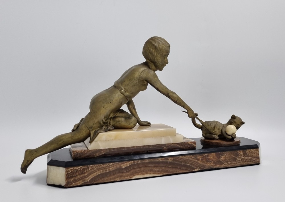 Art Deco Figure , Lady Playing with a Cat C. 1920s View II