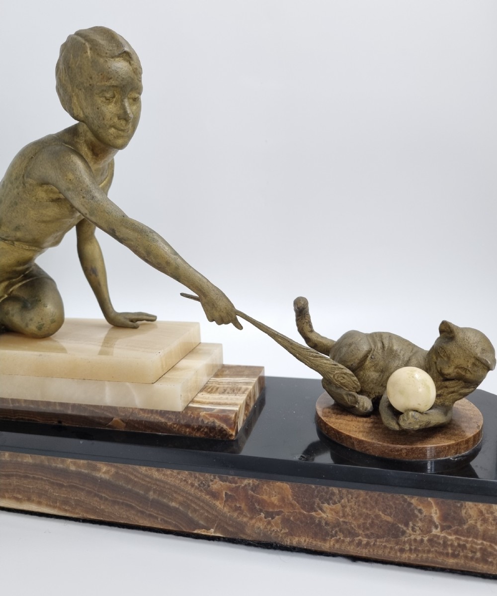 Art Deco Figure , Lady Playing with a Cat C. 1920s View III