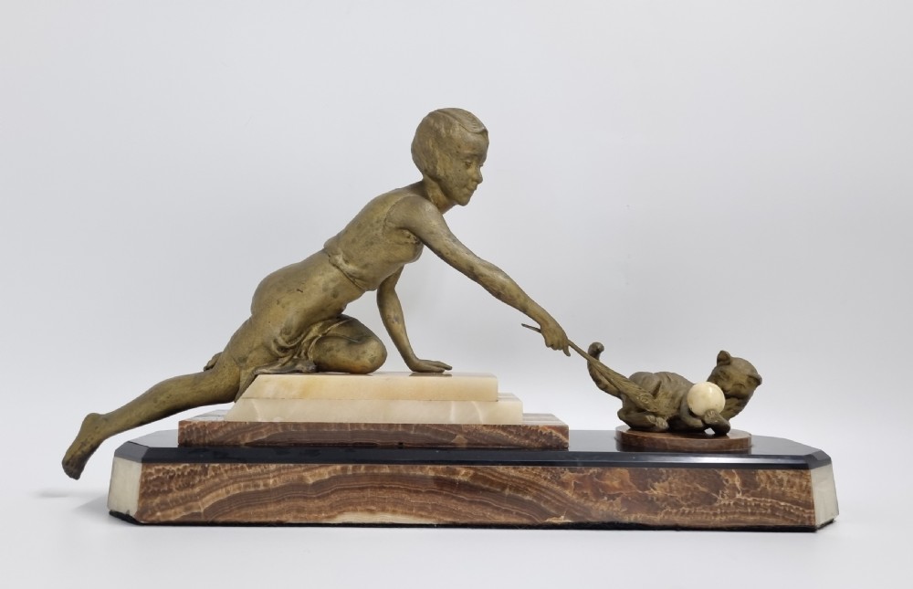 Art Deco Figure , Lady Playing with a Cat C. 1920s View VI