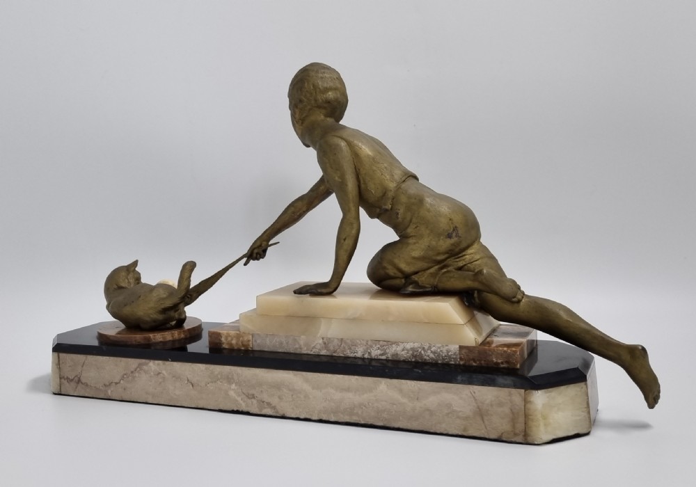 Art Deco Figure , Lady Playing with a Cat C. 1920s View VIII