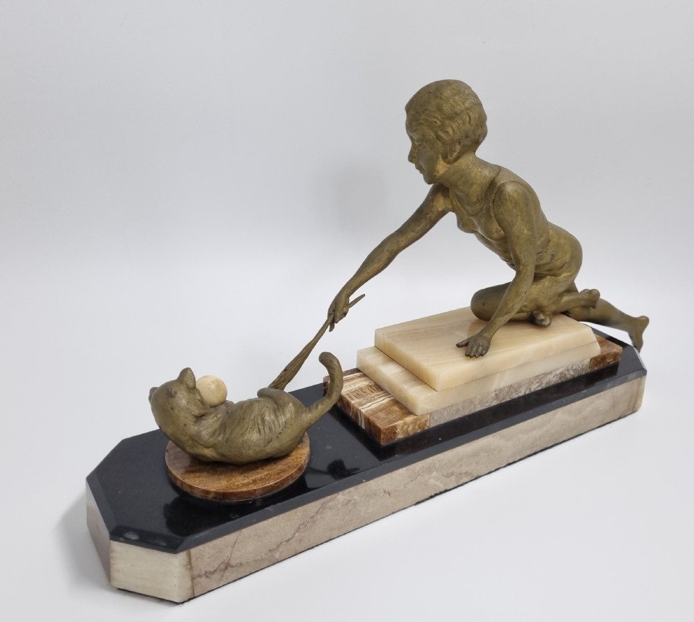 Art Deco Figure , Lady Playing with a Cat C. 1920s View IX
