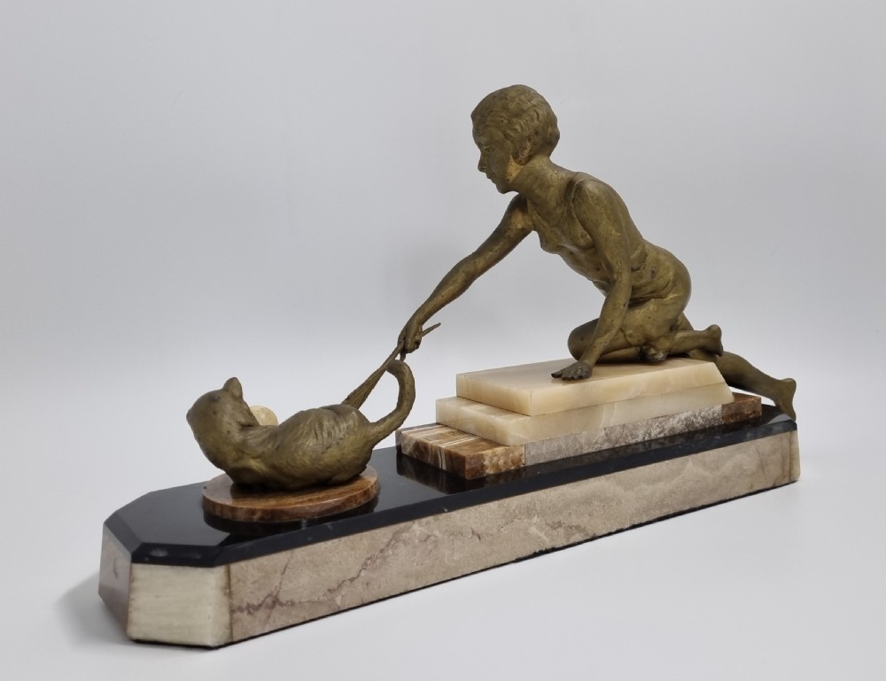 Art Deco Figure , Lady Playing with a Cat C. 1920s View X