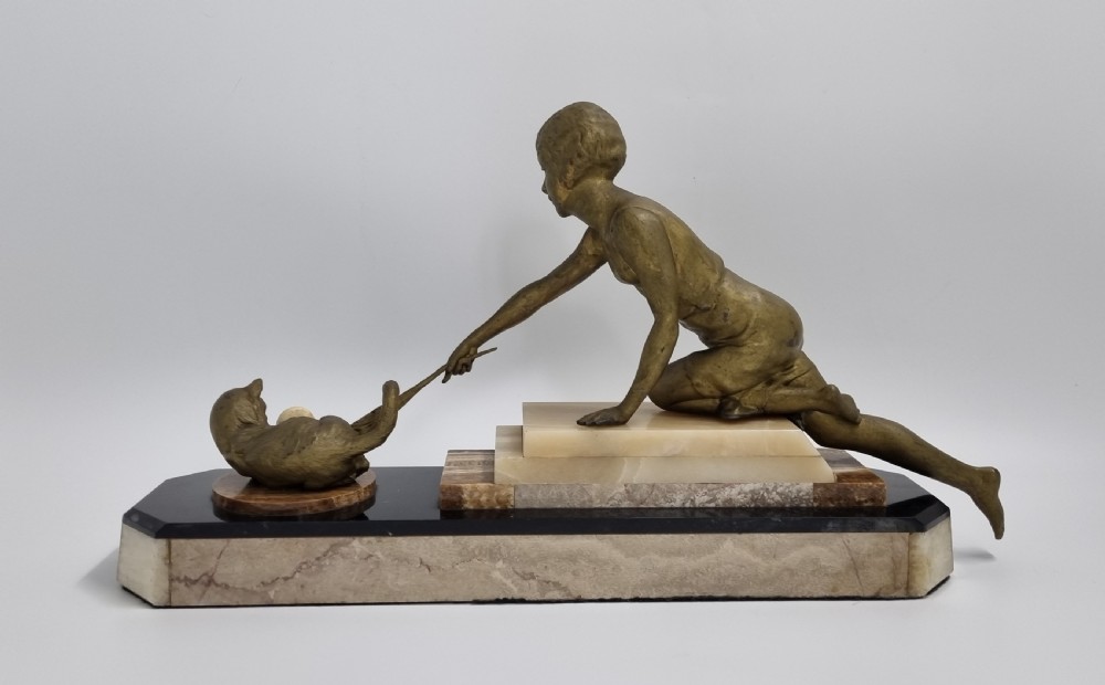 Art Deco Figure , Lady Playing with a Cat C. 1920s View XI