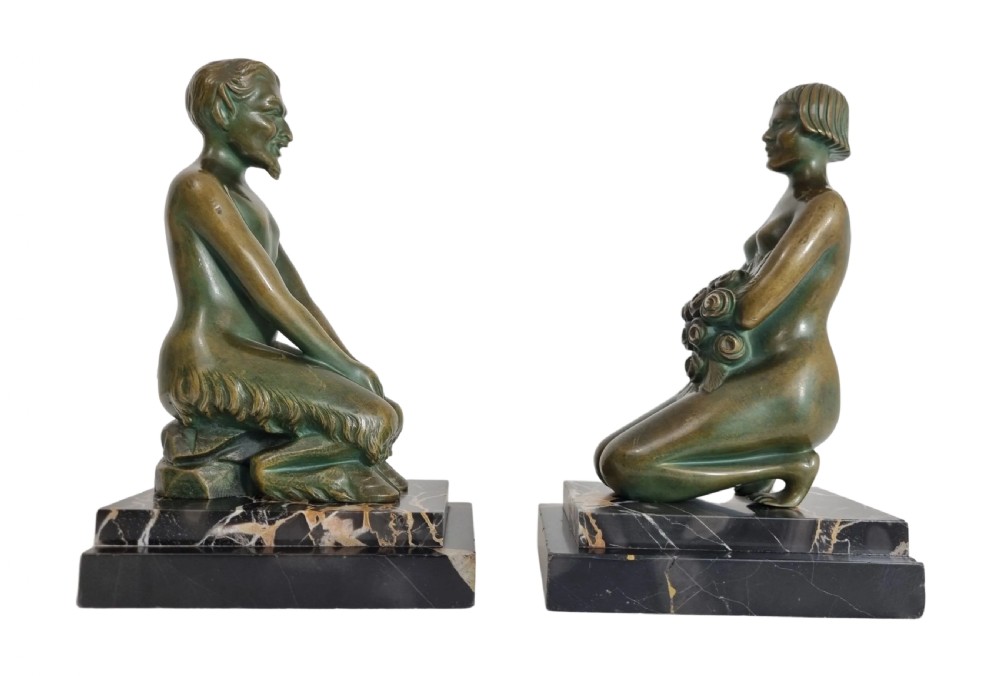 Art Deco Bronze Bookends Nymph and Satyr by H Wandaele