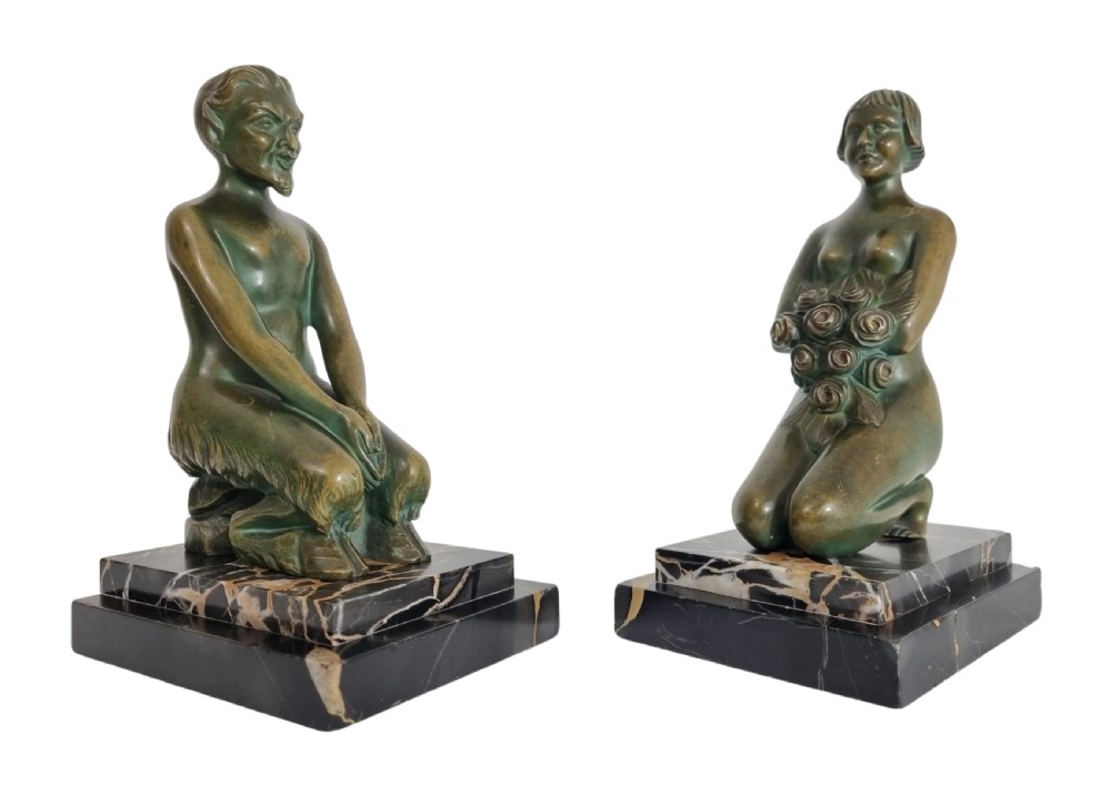 Art Deco Bronze Bookends Nymph and Satyr by H Wandaele View II
