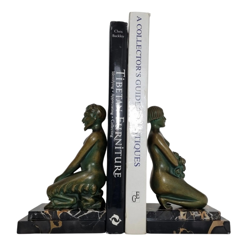 Art Deco Bronze Bookends Nymph and Satyr by H Wandaele View III