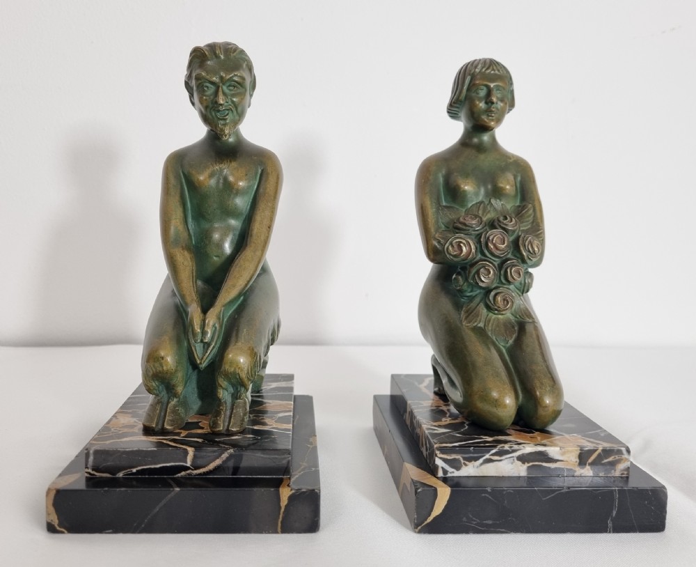 Art Deco Bronze Bookends Nymph and Satyr by H Wandaele View V