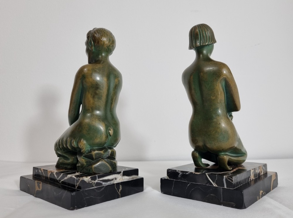 Art Deco Bronze Bookends Nymph and Satyr by H Wandaele View VI