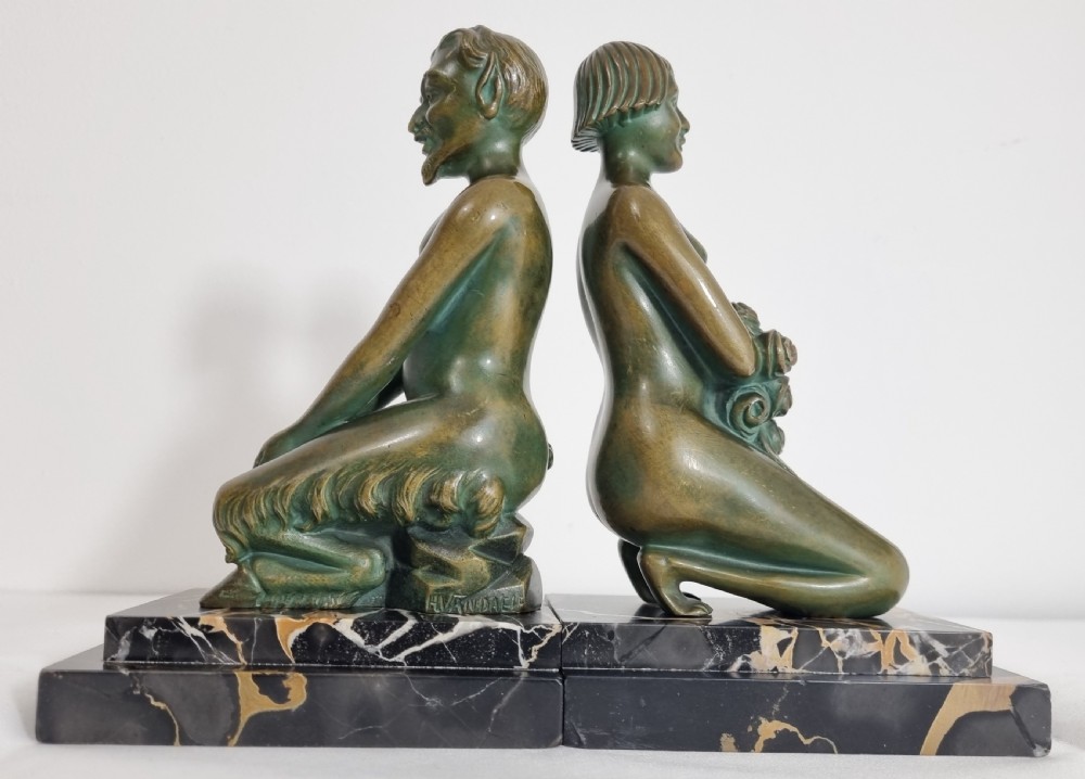 Art Deco Bronze Bookends Nymph and Satyr by H Wandaele View VII