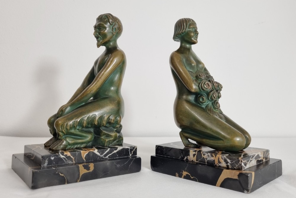 Art Deco Bronze Bookends Nymph and Satyr by H Wandaele View VIII
